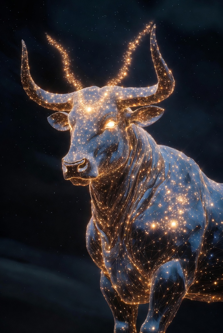 OuroTaurus constellation bull — golden wireframe bull in a starfield